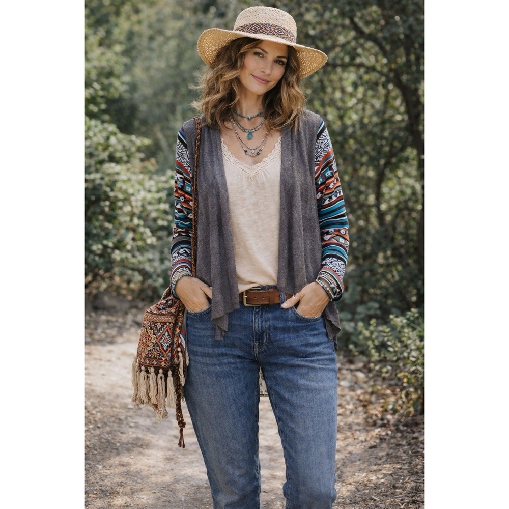 Flying Tomato Womens Size L Brown Aztec Long Sleeve Cardigan